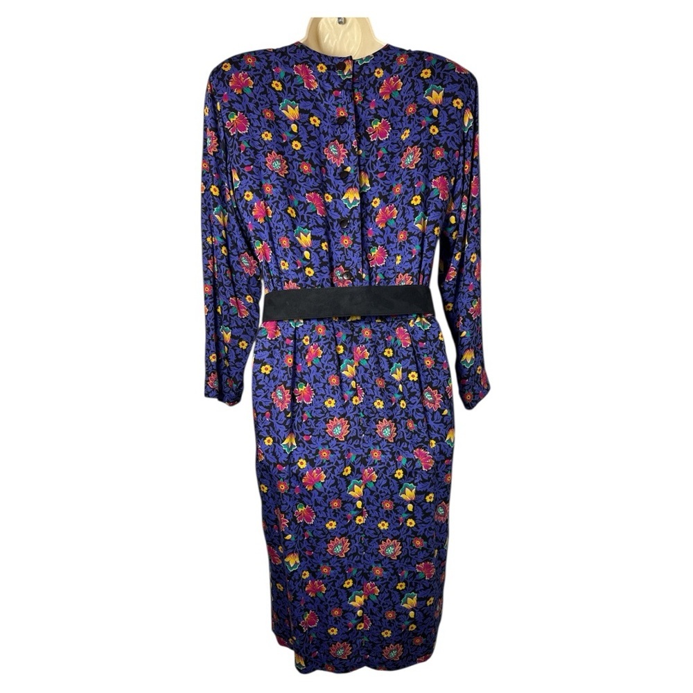 Liz Claiborne Vintage Floral Midi Dress Petite 8 Blue Rayon Belted Long Sleeve - Picture 3 of 11